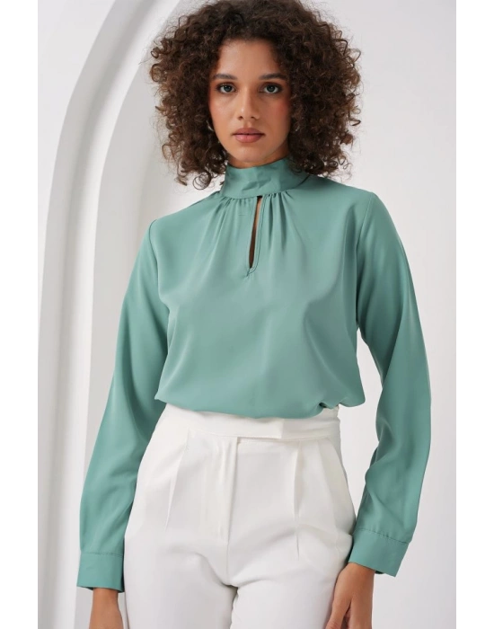 0418 Pencere Detaylı Bluz  Su Yeşili