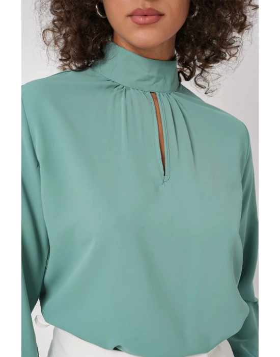 0418 Pencere Detaylı Bluz  Su Yeşili