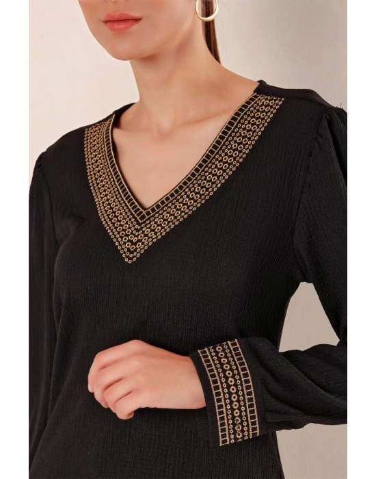 0466 Nakışlı V Yaka Örme Bluz  Siyah