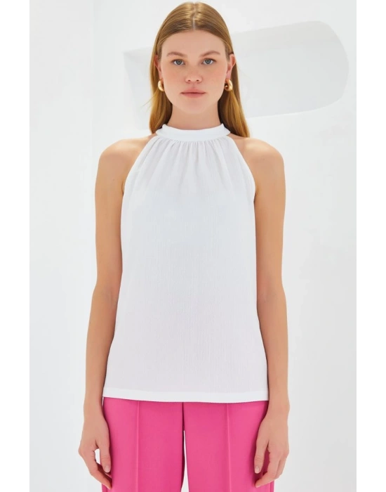 0489 Halter Yaka Örme Bluz  Beyaz