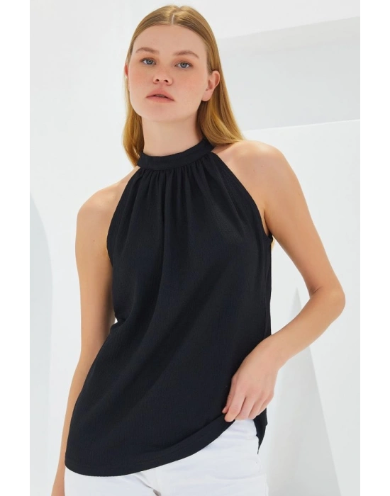 0489 Halter Yaka Örme Bluz  Siyah