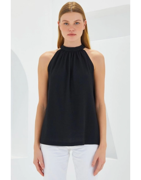 0489 Halter Yaka Örme Bluz  Siyah