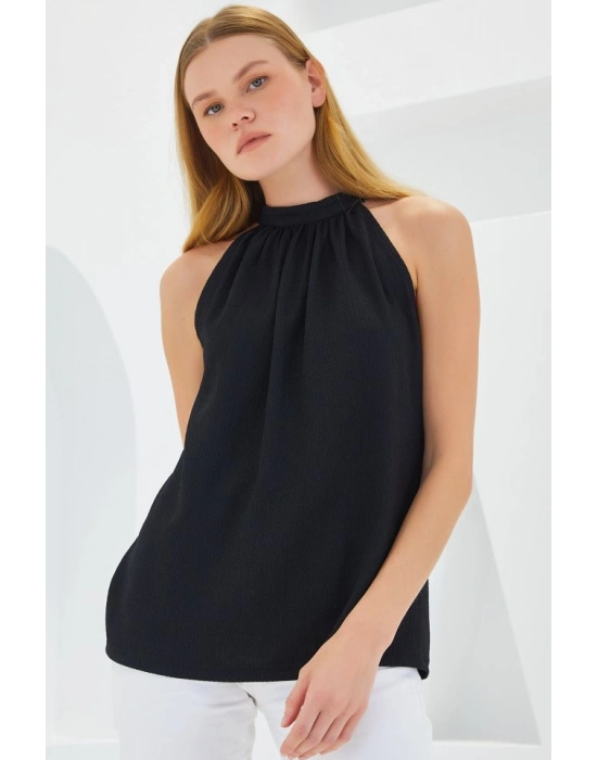 0489 Halter Yaka Örme Bluz  Siyah