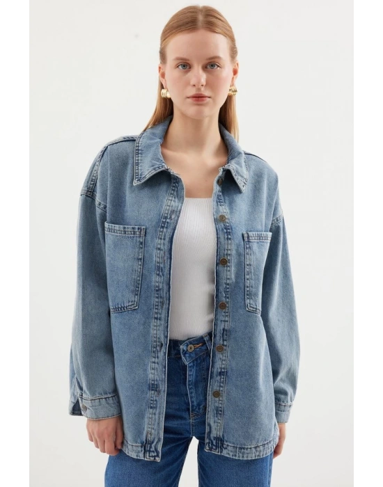0694 Çift Cepli Oversize Denim Ceket  Buz Mavi