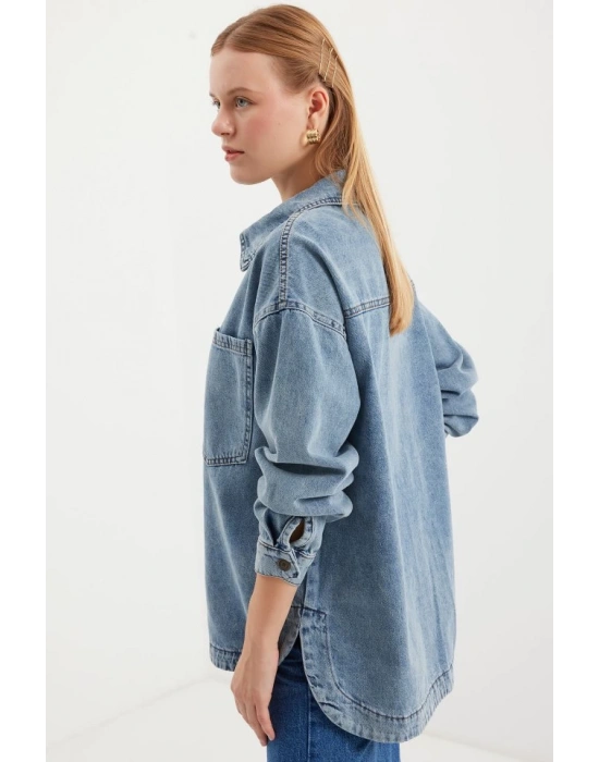 0694 Çift Cepli Oversize Denim Ceket  Buz Mavi