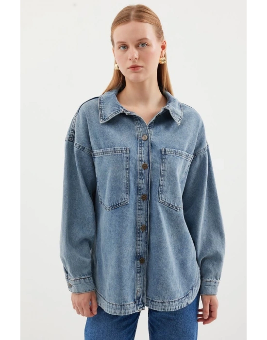 0694 Çift Cepli Oversize Denim Ceket  Buz Mavi