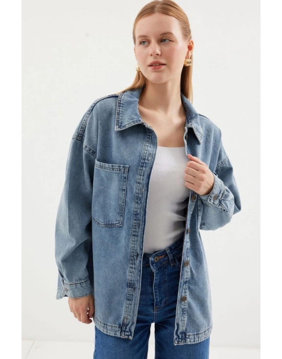 0694 Çift Cepli Oversize Denim Ceket  Buz Mavi