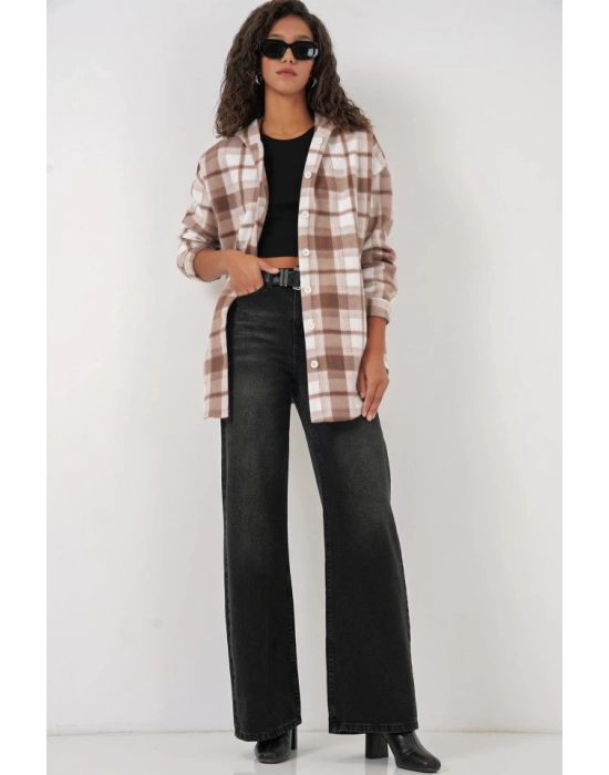 0710 Kapüşonlu Oversize Gömlek  Kahverengi