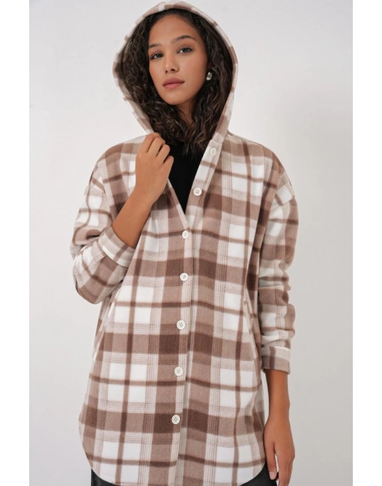 0710 Kapüşonlu Oversize Gömlek  Kahverengi