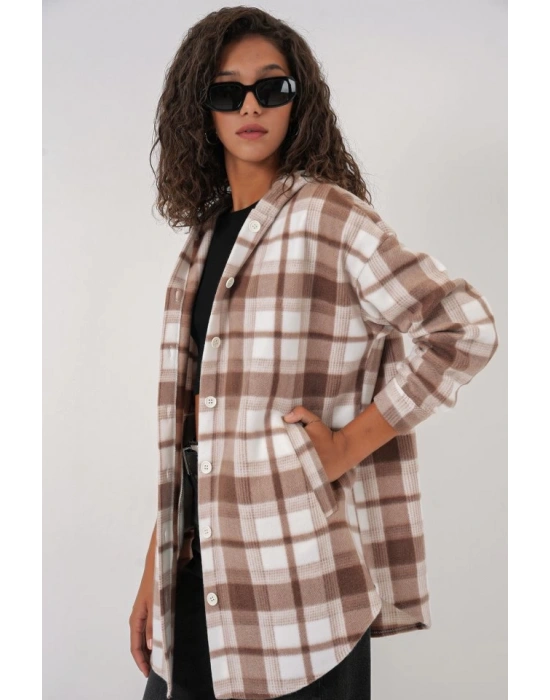 0710 Kapüşonlu Oversize Gömlek  Kahverengi