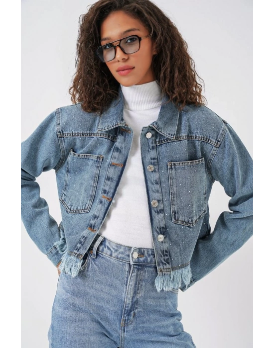 0716 Çift Cepli Crop Kot Ceket  Mavi