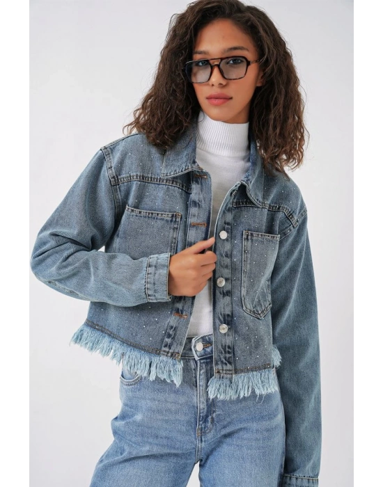 0716 Çift Cepli Crop Kot Ceket  Mavi