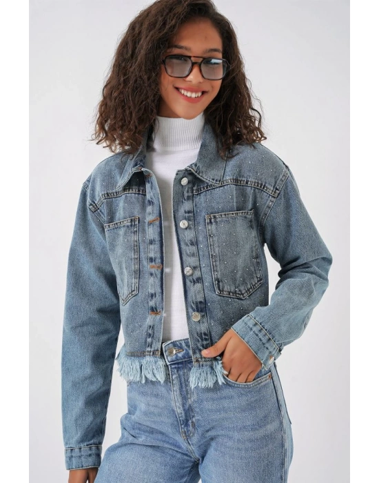 0716 Çift Cepli Crop Kot Ceket  Mavi