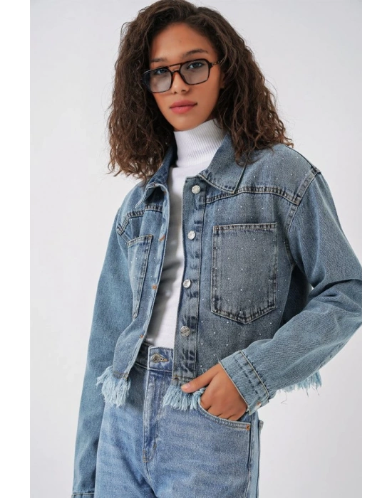 0716 Çift Cepli Crop Kot Ceket  Mavi