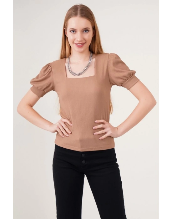0409 Kare Yaka Örme Bluz  B.Kahverengi