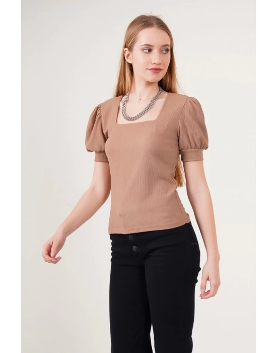0409 Kare Yaka Örme Bluz  B.Kahverengi