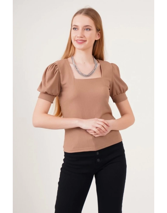 0409 Kare Yaka Örme Bluz  B.Kahverengi