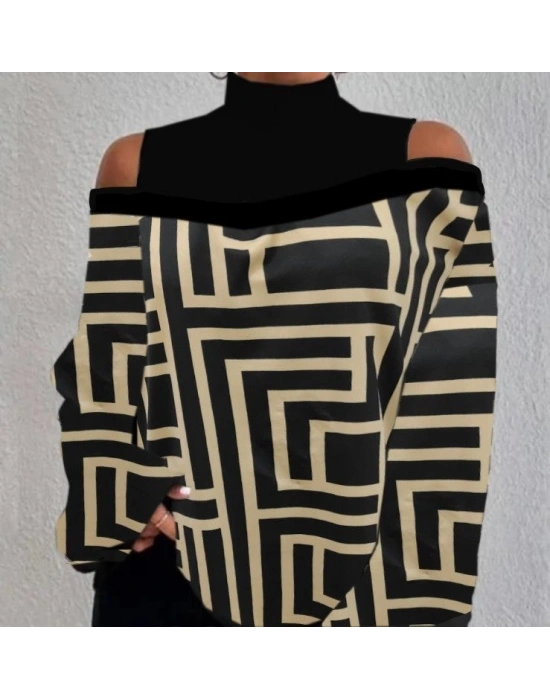 0Kadın Uzun Kollu Balıkçı Yaka Omuz Pencereli Labirent Dijital Baskılı şardonlu Dalgıçsalaş Bluz