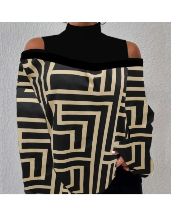 0Kadın Uzun Kollu Balıkçı Yaka Omuz Pencereli Labirent Dijital Baskılı şardonlu Dalgıçsalaş Bluz