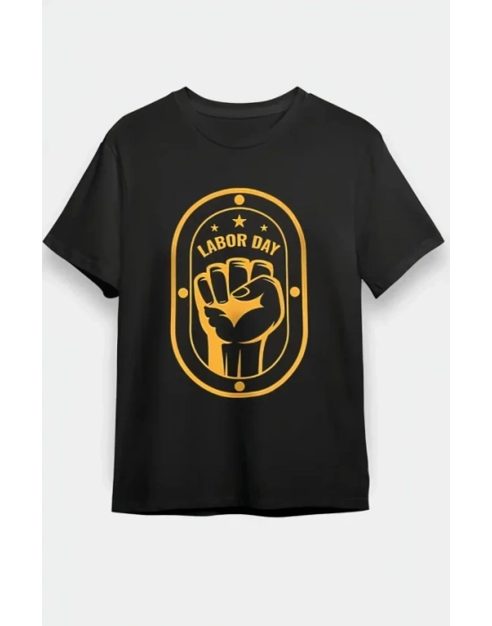 1 ayıs abor Day Emekçi Temalı Baskılı Oversize Bisiklet Yaka Tshirt  iyah