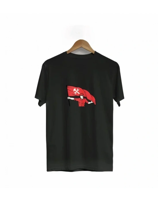 1 ayıs Emek Ve Dayanışma Bayraklı Emekçi Baskılı Bisiklet Yaka Tshirt  iyah