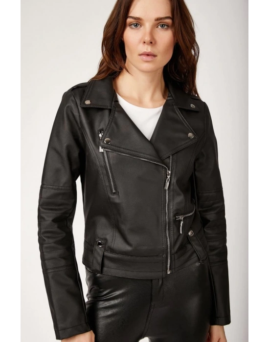 1025 Suni Deri Biker Ceket  Siyah
