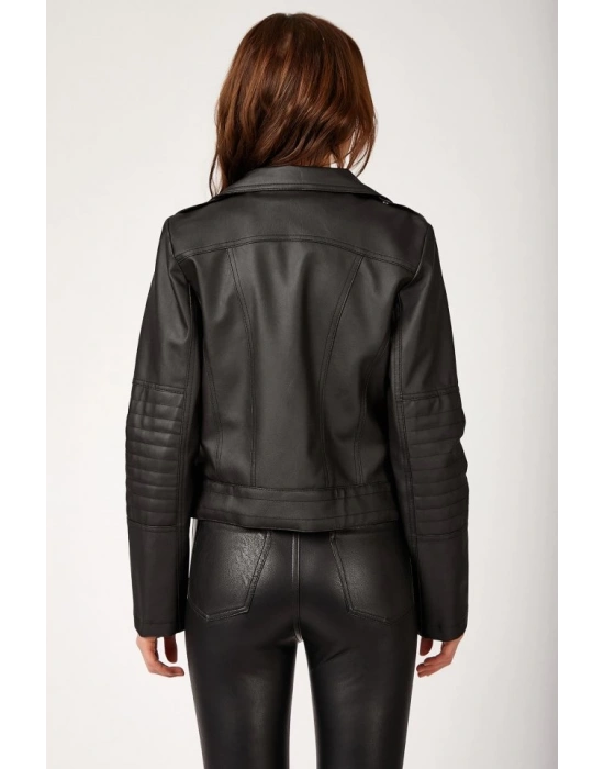 1025 Suni Deri Biker Ceket  Siyah