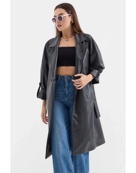 1034 Kuşaklı Suni Deri Trençkot  Siyah