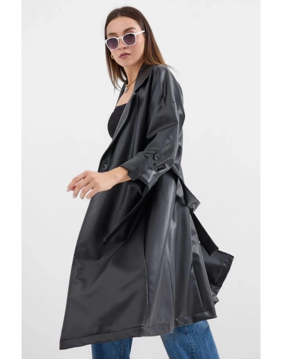 1034 Kuşaklı Suni Deri Trençkot  Siyah