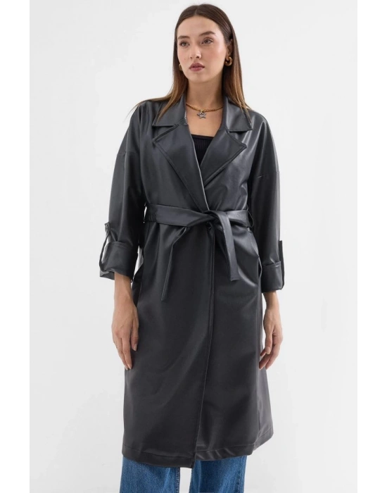 1034 Kuşaklı Suni Deri Trençkot  Siyah