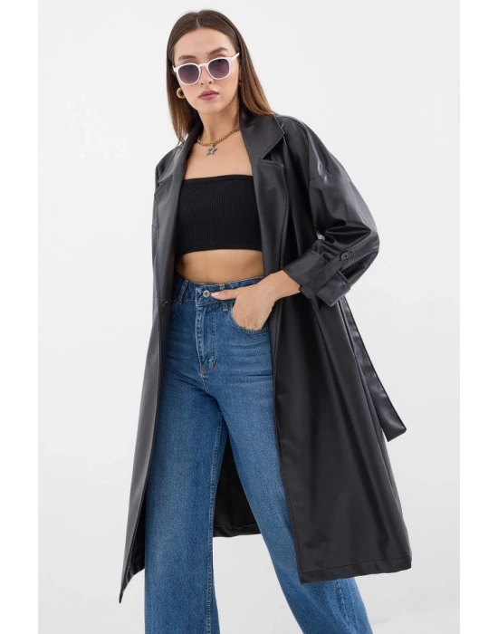 1034 Kuşaklı Suni Deri Trençkot  Siyah