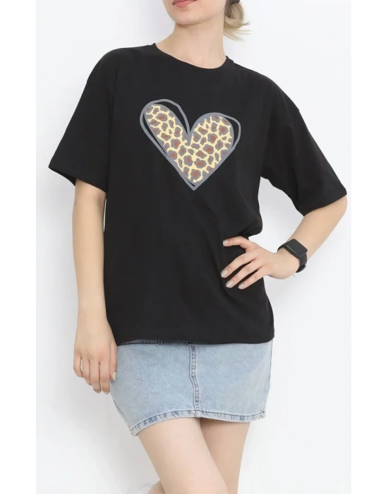 14 Şubat evgililer Günü eopar Kalp Baskılı Oversize Bisiklet Yaka Tshirt  iyah