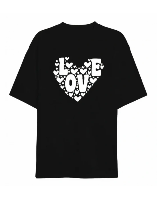 14 Şubat evgililer Günü ove Kalp Baskılı Oversize Bisiklet Yaka Tshirt  iyah