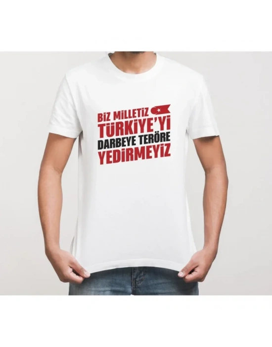 15 Temmuz Demokrasi illi Birlik YEDİREYİZ Baskılı Bisiklet Yaka Tshirt  Beyaz