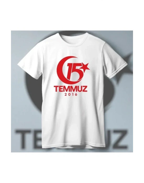 15 Temmuz Demokrasi Ve illi Birlik 2016 Anma Baskılı Bisiklet Yaka Tshirt  Beyaz