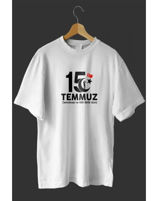 15 Temmuz Demokrasi Ve illi Birlik Günü Baskılı Oversize Bisiklet Yaka Tshirt  Beyaz