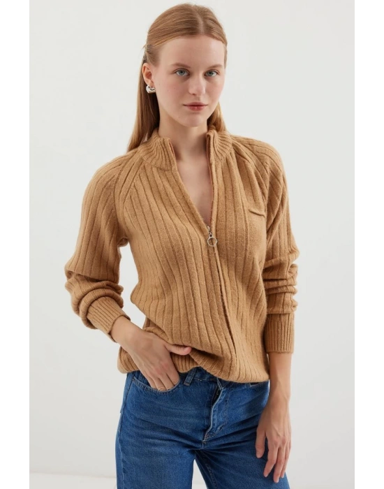 15880 Fermuarlı Triko Hırka  Bisküvi