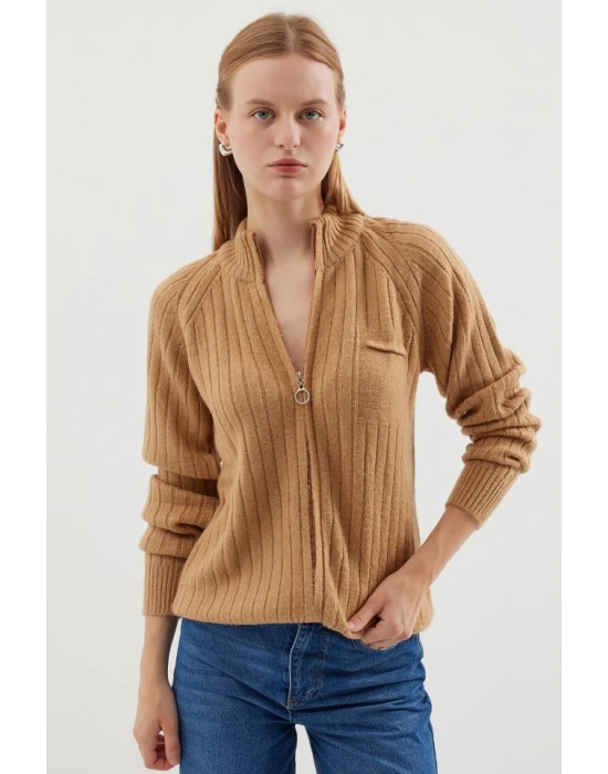 15880 Fermuarlı Triko Hırka  Bisküvi