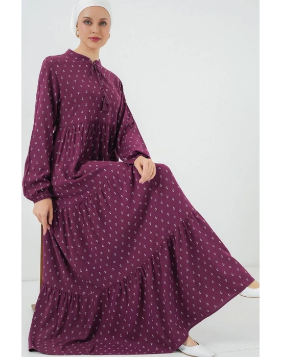 1627 Yaka Bağcıklı Tesettür Elbise  Çapa Mor