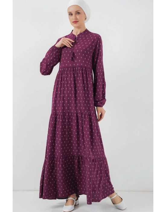 1627 Yaka Bağcıklı Tesettür Elbise  Çapa Mor