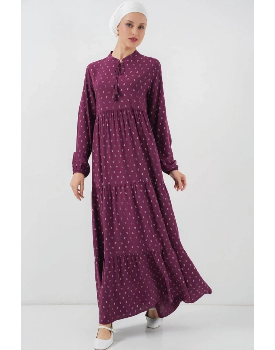 1627 Yaka Bağcıklı Tesettür Elbise  Çapa Mor