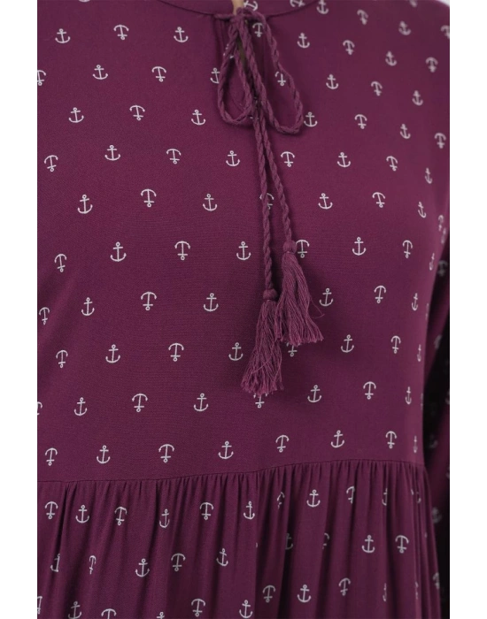 1627 Yaka Bağcıklı Tesettür Elbise  Çapa Mor