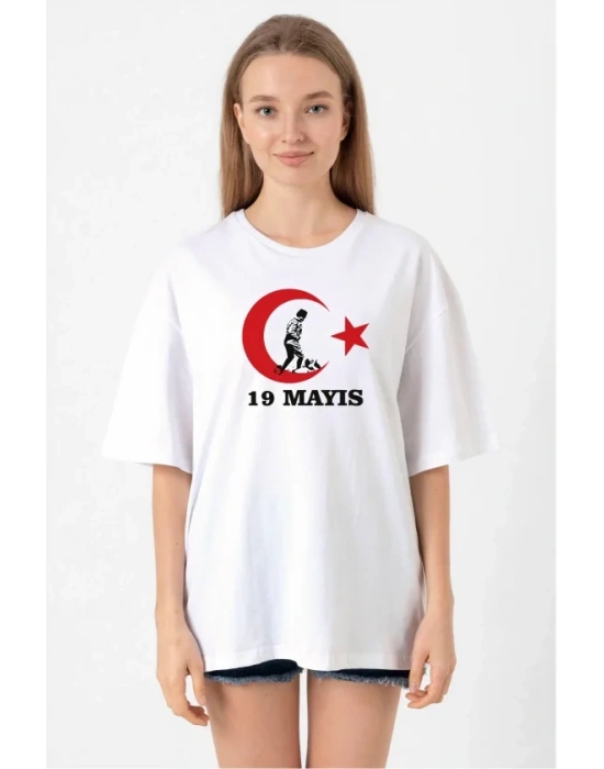 19 ayıs Atatürk Gençlik por Bayramı Baskılı Bisiklet Yaka Tshirt  Beyaz