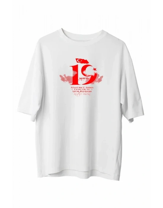 19 ayıs Atatürk Temalı Gençlik Ve por Bayramı Bisiklet Yaka Tshirt  Beyaz