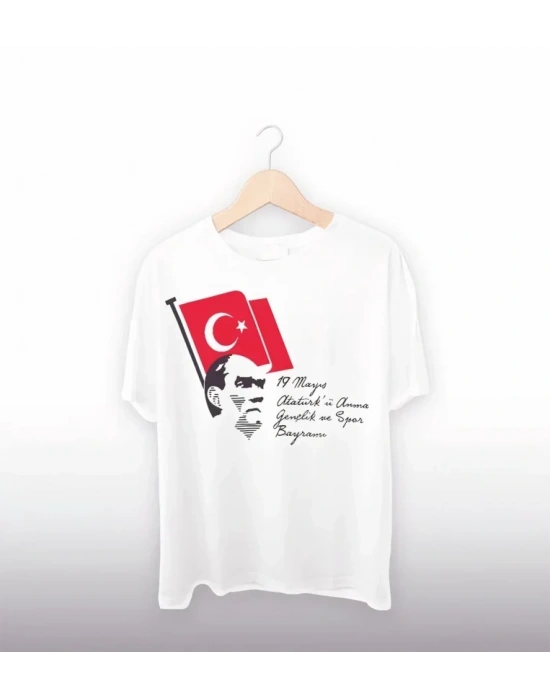 19 ayıs Atatürkü Anma Gençlik Ve por Bayramı Baskılı Oversize Tshirt  Beyaz
