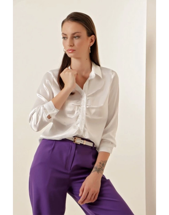 20112 Büzgülü Saten Gömlek  Beyaz