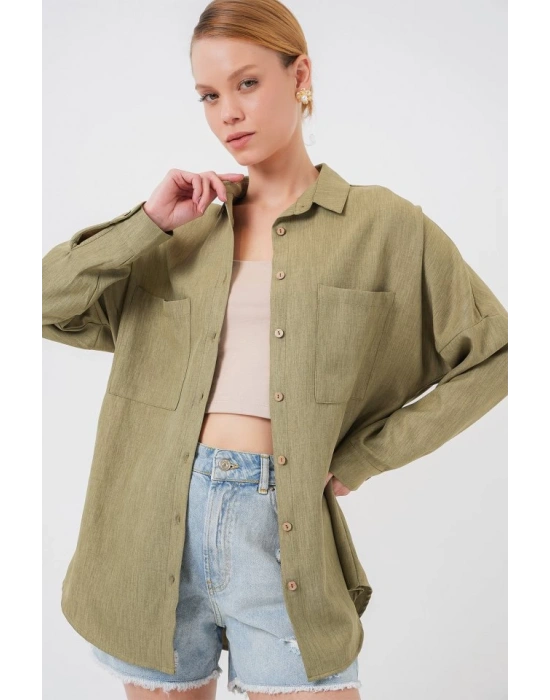 20126 Oversize Keten Gömlek  Çağla