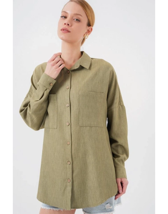 20126 Oversize Keten Gömlek  Çağla