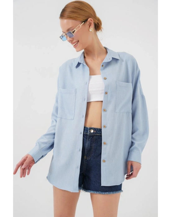 20126 Oversize Keten Gömlek  Mavi