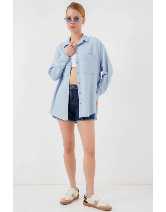 20126 Oversize Keten Gömlek  Mavi
